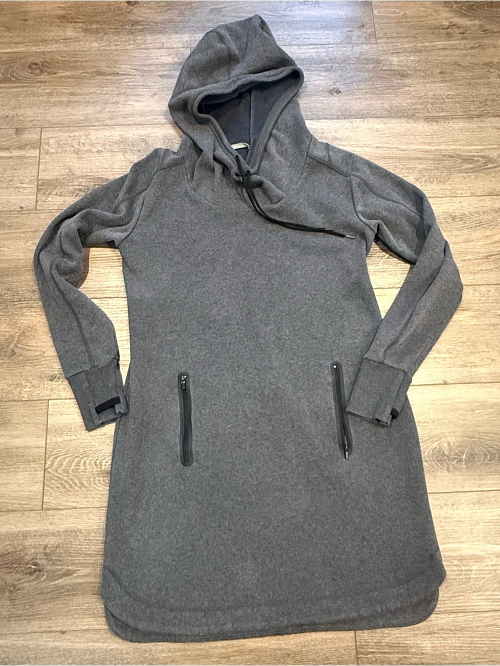 Athleta Cozy Karma Asymmetrical Hoodie Dress, Charcoal Gray Fleece, size M